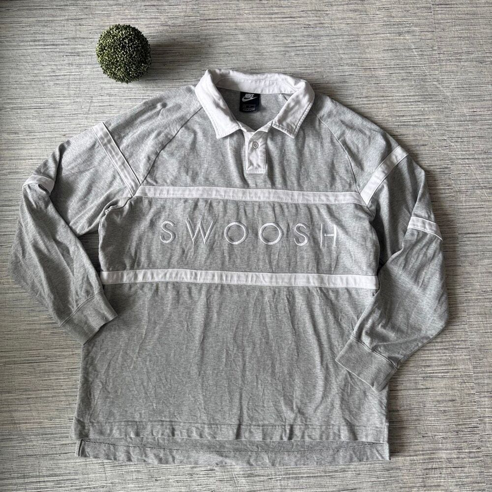 Nike Sportswear Swoosh Grey Long Sleeve Rugby Polo Shirt Medium